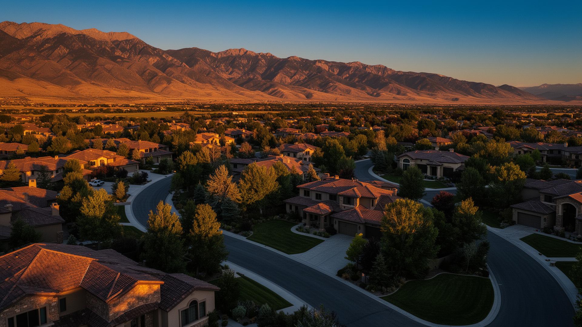 Aerial view of a Utah neighborhood at sunset